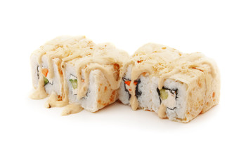 Sushi set with pancakes, cheese and vegetables isolated on white background