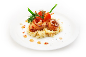 Noodles with tomato sauce and vegetables on white background