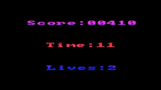 A video arcade game screen detail, showing an increasing score, a decreasing time, and the remaining lives of the player.
