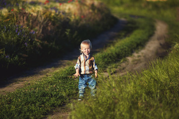 Cheerful kid on a summer walk . Boy on the dirt road