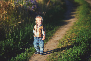 Cheerful kid on a summer walk . Boy on the dirt road