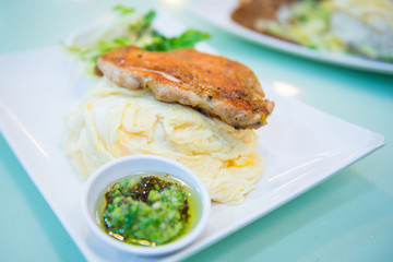 Rice with fried chicken steak