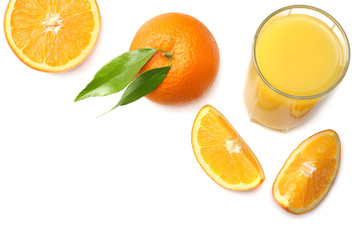 orange juice with sliced orange and green leaf isolated on white background. top view with copy space