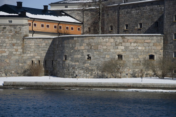 Winter day at Vaxholm and its fort from 1544, defensline outside Stockholm and the walls of the fortress