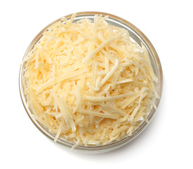 grated cheese isolated on white background. top view