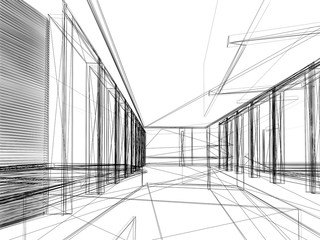 sketch design of interior hall, 3d rendering