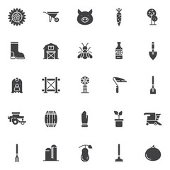 Agriculture elements vector icons set, modern solid symbol collection, filled style pictogram pack. Signs, logo illustration. Set includes icons as sunflower, wheelbarrow, pig head, carrot, tree, barn