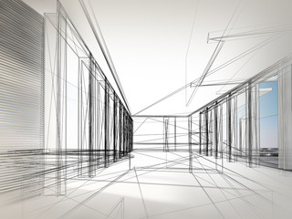sketch design of interior hall, 3d rendering