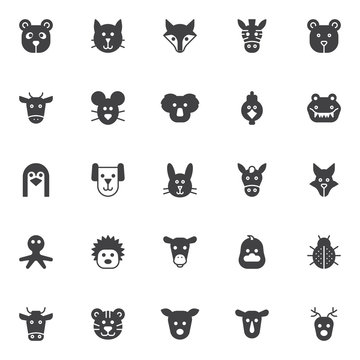 Animals vector icons set, modern solid symbol collection, filled style pictogram pack. Signs, logo illustration. Set includes icons as panda head, koala, cat, hen bird, fox, zebra, bear, cow mouse