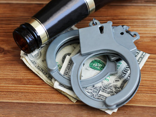 Bottle beer and handcuffs, the concept of sobriety and drunkenness