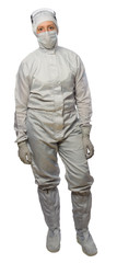 a woman in full growth, wearing a white protective suit and mask, on white