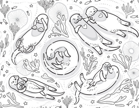 Black and white vector seamless pattern with cute otters in the sea. Decorative background ideal for coloring book