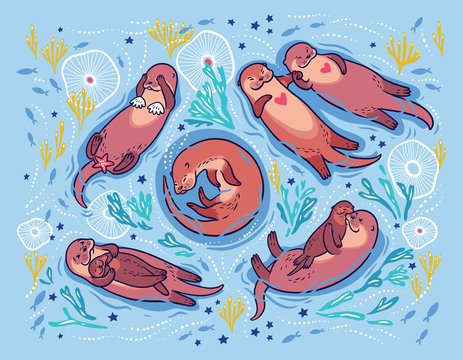 Decorative print with cute cartoon otters in the sea. Vector illustration