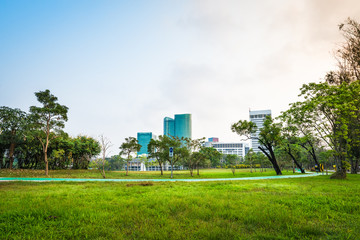 Obraz premium Green grass field with building in Public Park
