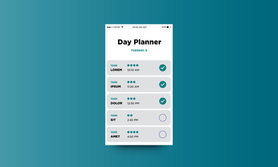 Day Planner App UX UI Design with List of Things To Do and Time