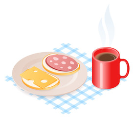Flat isometric illustration of plate with cheese and sausage sandwiches. The dish with bread pieces and sausage and cheese slices, a mug of hot coffee. A food, breakfast, office break vector concept.