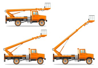 Aerial platform truck with different boom position. Heavy construction machine. Building machinery. Special equipment. Vector illustration. © yustus