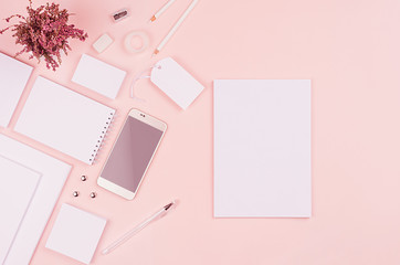 Modern minimalistic spring workspace with white blank stationery on soft pastel pink background, top view, copy space.