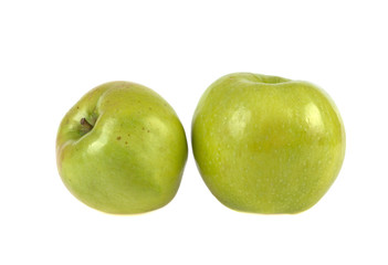 two green juicy apples isolated on white background