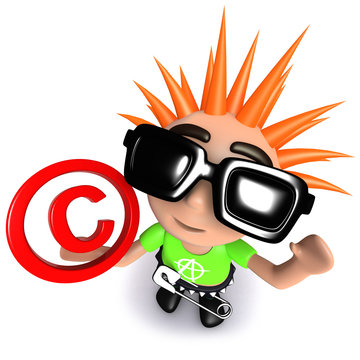 3d Funny cartoon punk rocker kid character holding a copyright symbol