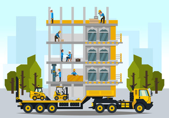 Construction site, the work of a large group of builders, building a house. A set of service vehicle, repair, cars. Vector illustration, a flat style