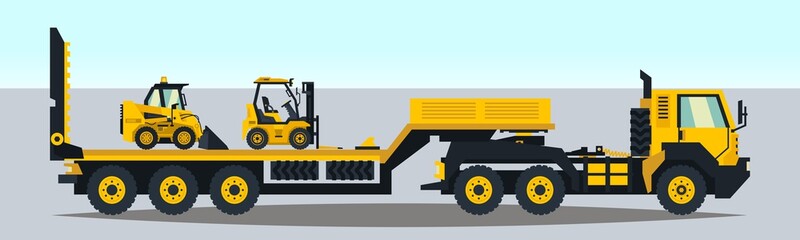 The truck carrying the trailer construction equipment. Loader, forklift, servicing transport. Vector illustration, a flat style