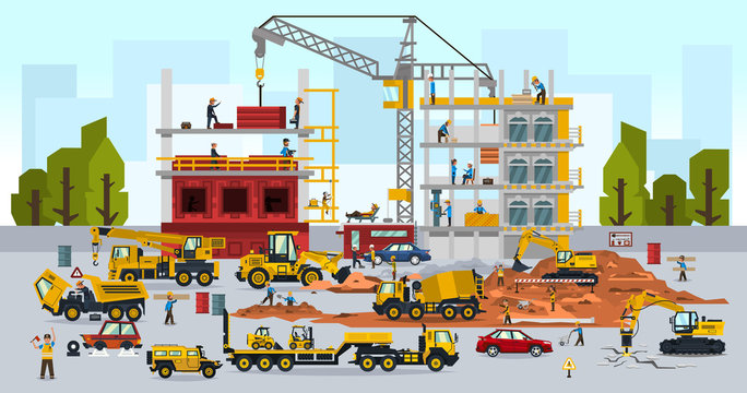 Construction site, the work of a large group of builders, building a house. A set of service vehicle, repair, cars, crane. Vector illustration, a flat style.