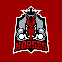 Colorful logo, emblem, horse sticker emitting steam from nostrils. Red stallion, fast animal, racing, shield, lettering. Vector illustration