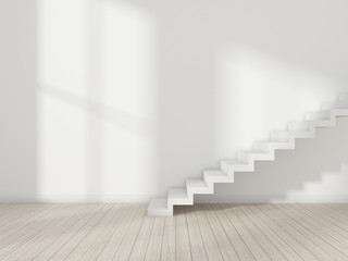 3d rendering of white room with white stair on plank wood floor and sun light cast on the wall