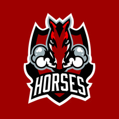 Colorful logo, emblem, horse sticker emitting steam from nostrils. Red stallion, fast animal, racing, shield, lettering. Vector illustration