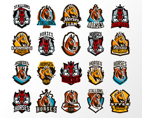 A large colorful collection of emblems, logos, badges of horses, stallion lets out steam from nostrils. Head animal, face, sports club, a mascot, a board, lettering. Vector illustration