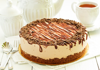 A wonderful caramel cheesecake with homemade caramel, nuts and chocolate.