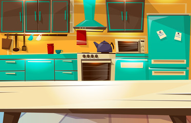 Kitchen interior background vector illustration from dining table view. Cartoon flat design or modern or retro kitchen furniture and appliances refrigerator or cupboard shelf and cooking stove
