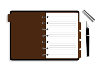 Open notebook with spiral and bookmarks and pen on a white background. organiser icon. 