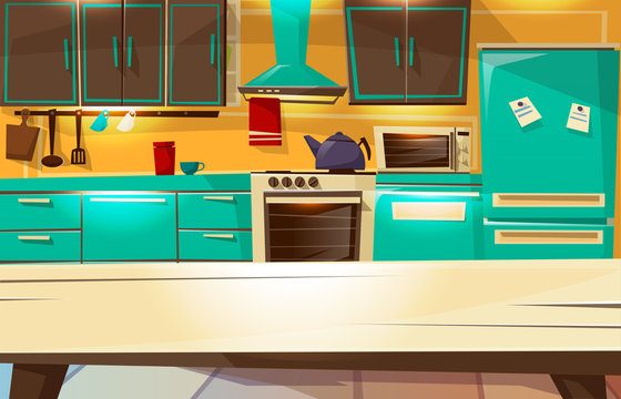 Kitchen Interior Background Vector Illustration From Dining Table View. Cartoon Flat Design Or Modern Or Retro Kitchen Furniture And Appliances Refrigerator Or Cupboard Shelf And Cooking Stove