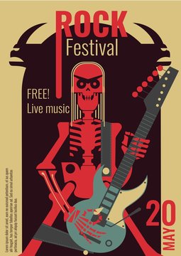 Rock music live festival poster vector illustration for free entry placard to rock concert. Design template of rocker band skeleton with skull playing electric guitar
