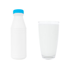 Milk bottle and milk glass isolated on white