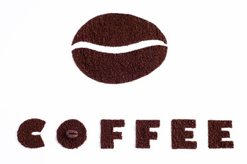 Coffee beans and ground coffee on a white background.