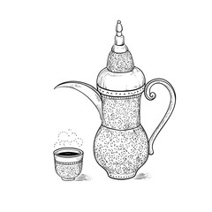 Arabic vintage coffeepot and figured cup with a hot drink and a flavored vapor. National coffee ware. Vector sketch drawing engraving style. Illustration coffee ceremony.