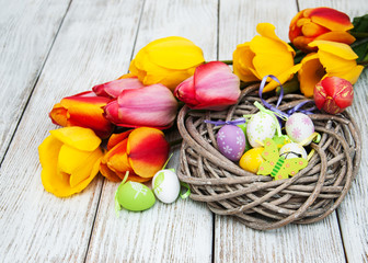 Easter eggs and tulips