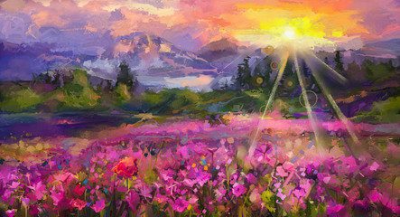 Panele Szklane Podświetlane  Streszczenie kolorowy obraz olejny fioletowy kosmos kwiat, kwiaty rododendronów, wildflower w polu. Fioletowe, czerwone polne kwiaty na łące z wschodem słońca i błękitnym niebem. Wiosna, lato sezon natura tło