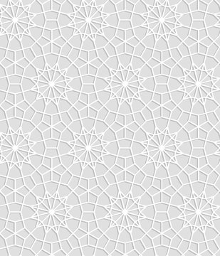 Gray and white geometric crochet lace circle stars seamless pattern, vector