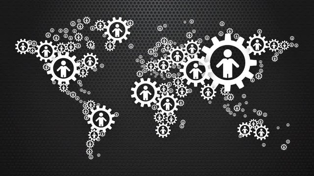 animation world map of gears cog wheels with a man silhouette on black perforated plate background
