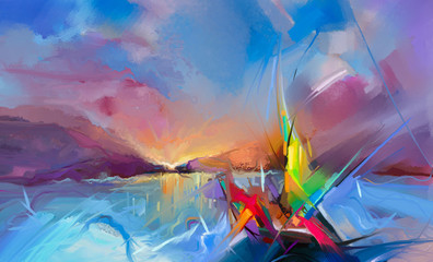 Panele Szklane Podświetlane  Kolorowy obraz olejny na płótnie tekstury. Semi-abstrakcyjny obraz obrazów pejzażowych na tle światła słonecznego.