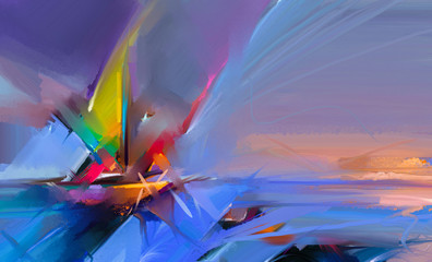 Buntes Ölgemälde auf Segeltuchbeschaffenheit. Semi- abstraktes Bild von Meereslandschaftsmalereien mit Sonnenlichthintergrund. Ölgemälde der modernen Kunst mit Boot, Segeln auf Meer. Abstrakte zeitgenössische Kunst für den Hintergrund © nongkran_ch