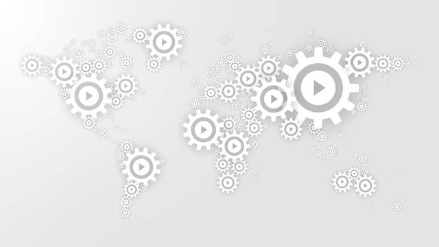 world map animation of gears cog wheels with a play icon on black perforated plate background