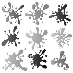 grey paint blots or splashes vector. Drops and stains. Paint splash or splat, splattered ink, dirty blots artistic elements.