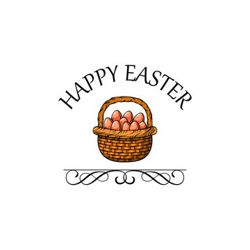 Basket with Easter eggs isolated on a white background.  illustration.