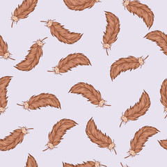 Seamless pattern with brown feathers on grey background. Hand drawn vector ink illustration.