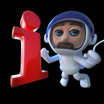 3d Funny cartoon spaceman astronaut character chasing an information symbol
